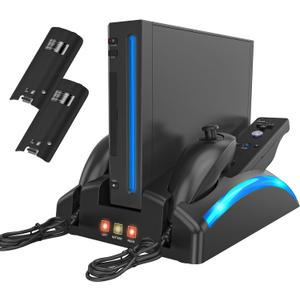 Game Organizer Station for Wii Remote Charger, Charging Dock Station for Controller, Wii Stand with 2 Pcs Rechargeable Battery for Wii Console Nunchuk Game Accessories Kit Storage (Black)