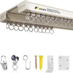 Ceiling Curtain Track Set - Dual Track Ceiling Mount 10ft, Heavy-Duty Double Track Rails with Silent Slides, Room Divider Double Track System, Includes Hooks/Clips/Brackets, White