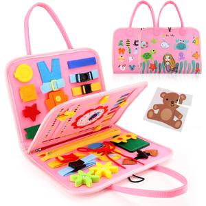 Guolely Busy Board Montessori Toy for 1 2 3 4 Year Old Toddlers - Educational Activity Developing Sensory Board for Basic Dress Fine Motor Skills - Travel Toys for Plane Car, Gift for Boys Girls (Pink)