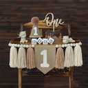 1st Birthday Decorations Boys High Chair Banner With One Cake Topper Brown Conical Hat For First Party