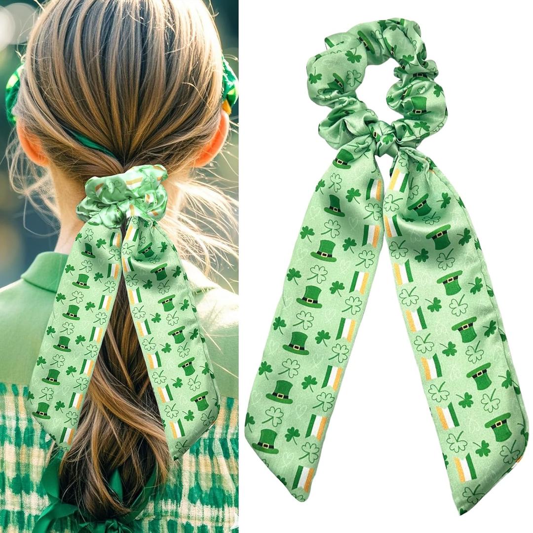 St. Patrick's Day Bow Hair Scrunchies,Green Shamrock Ribbon Silky Satin Scrunchies for Women,Cute Clover Bow Hair Ties,Ponytail Holder for St. Patrick's Day,Parade Party Hair Accessories