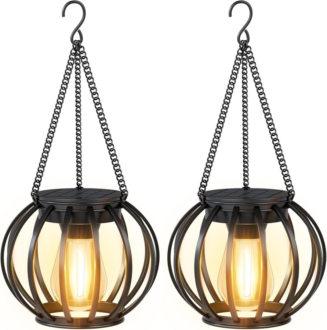 Solar Lanterns Outdoor Waterproof: 2 Pack Metal Hanging Decorative Solar Lights for Pathway Patio Garden Yard - Warm White LED Lighting with Auto On/Off - Perfect Gardening Gifts for Women Mom