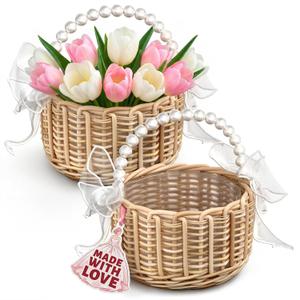 Small Flower Girl Baskets Set of 2 - Easter Basket Small Wicker Basket with Handle of Pearl, Bows & Waterproof Lining for Wedding Flowers, Sweets, Gifts and Home Decor - Lightweight & Multifunctional