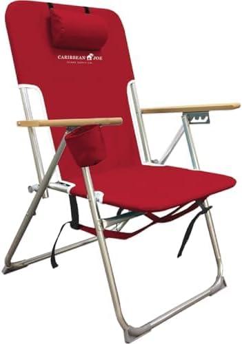 CARIBBEAN JOE Folding Beach Chair, 4 Position Portable Backpack Foldable Camping Chair with Headrest, Cup Holder, and Wooden Armrests, 350lbs Capacity