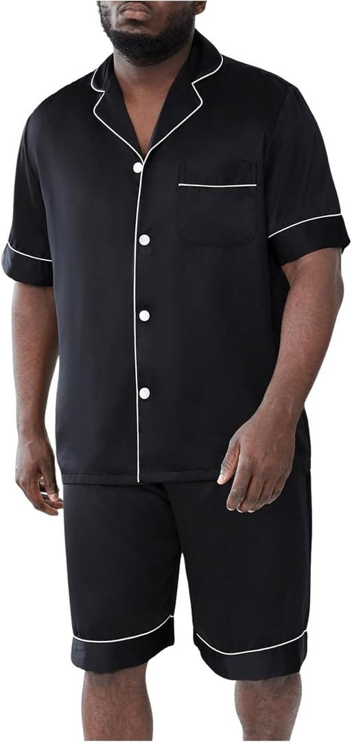 WDIRARA Men's Satin Pajamas Short Sleeve Button Up Top and Shorts Pj Lounge Set (5X-Large, Black)
