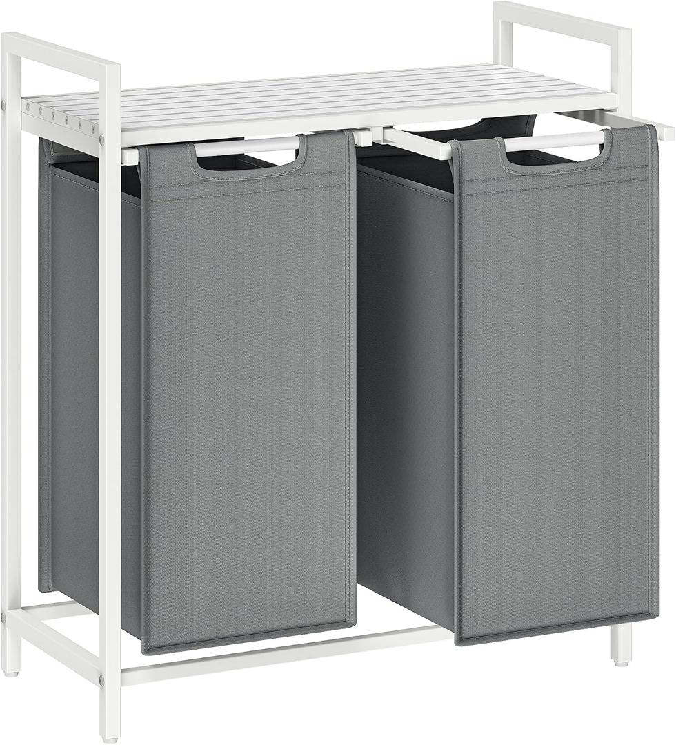 VASAGLE Laundry Hamper, Laundry Basket, Laundry Sorter with 2 Pull-Out and Removable Bags, Shelf, Metal Frame, 2 x 12.1 Gallons (46 L), 28.8 x 13 x 28.4 Inches, Slate Gray and Cloud White UBLH201W11, 2 Bags - 92 L