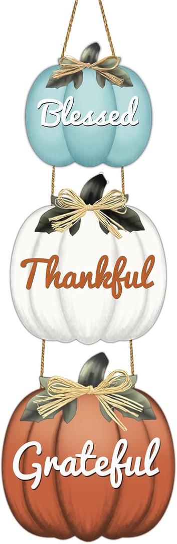 Fall Door Decor Pumpkin Wall Decor with Raffia Bow Thanksgiving Wreath Blessed Grateful Thankful Sign Wooden Front Door Hanger for Harvest Thanksgiving Porch Indoor Outdoor Home Decorations