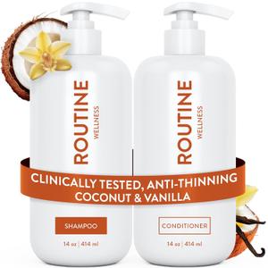 Routine Wellness Anti-Thinning Shampoo and Conditioner Set for Thinning Hair - Biotin DHT Blocker Women & Men - Color Safe Shampoo for Hair Loss & Healthier Hair - Coconut & Vanilla (Pack of 3, 2 Bottles Of Shampoo, 1 Bottle Of Conditioner)