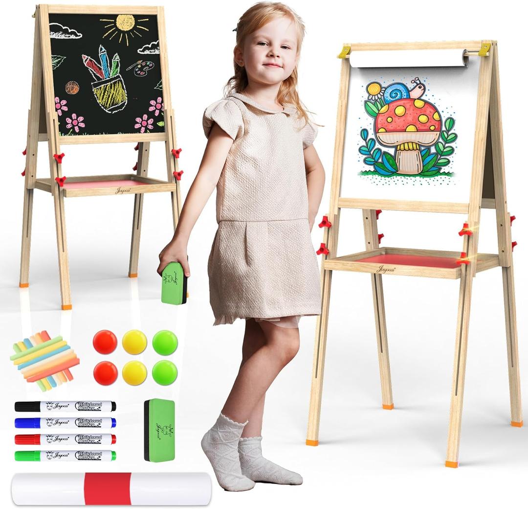 JOYOOSS Art Easel for Kids Ages 4-8 Easels for Toddlers,Toddler Art Kids Easel Adjustable Wooden Magnetic Whiteboard Chalkboard for Kid Dry Erase Board Easel for Toddlers 3-4 Years Dual-Sided Drawing (Red)