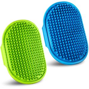 Dog Grooming Brush, Pet Shampoo Bath Brush Dog Grooming Shedding Brush Soothing Massage Rubber Comb with Adjustable Ring Handle for Long Short Haired Dogs and Cats 2pcs (Blue & Green)
