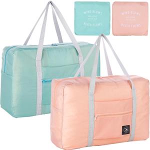 Foldable Travel Duffel Bag 2PCS Tote Carry on Luggage Bag Spirit Airlines Personal item Sports Gym Bag Water Resistant Weekender Overnight Bags for Women and Men (Green+Pink)
