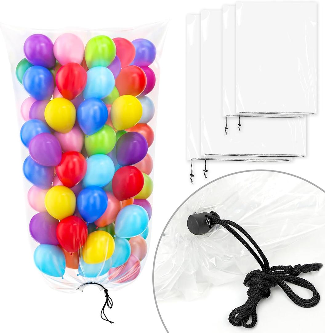 Bezente 4PCS Balloon Bags,2PCS 98x59IN Balloon Bags for Transport Extra Large and 2PCS 59x47IN Plastic Reusable Clear Drop Storage Bags with Pull Cord for Wedding,Birthday,Party Supplies