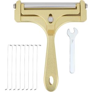 Stainless Steel Wire Cheese Slicer with 8 Replacement Wires & Wrench, Adjustable Handheld Butter Cutter Food Cutter for Mozzarella Cheddar Block Cheese & Butter Slicer Tools(Frosted Gold)