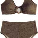 SOLY HUX Women's 2 Piece Bikini Set Ring Linked High Waisted Textured Bathing Suit Swimwear Plain Coffee Brown Large