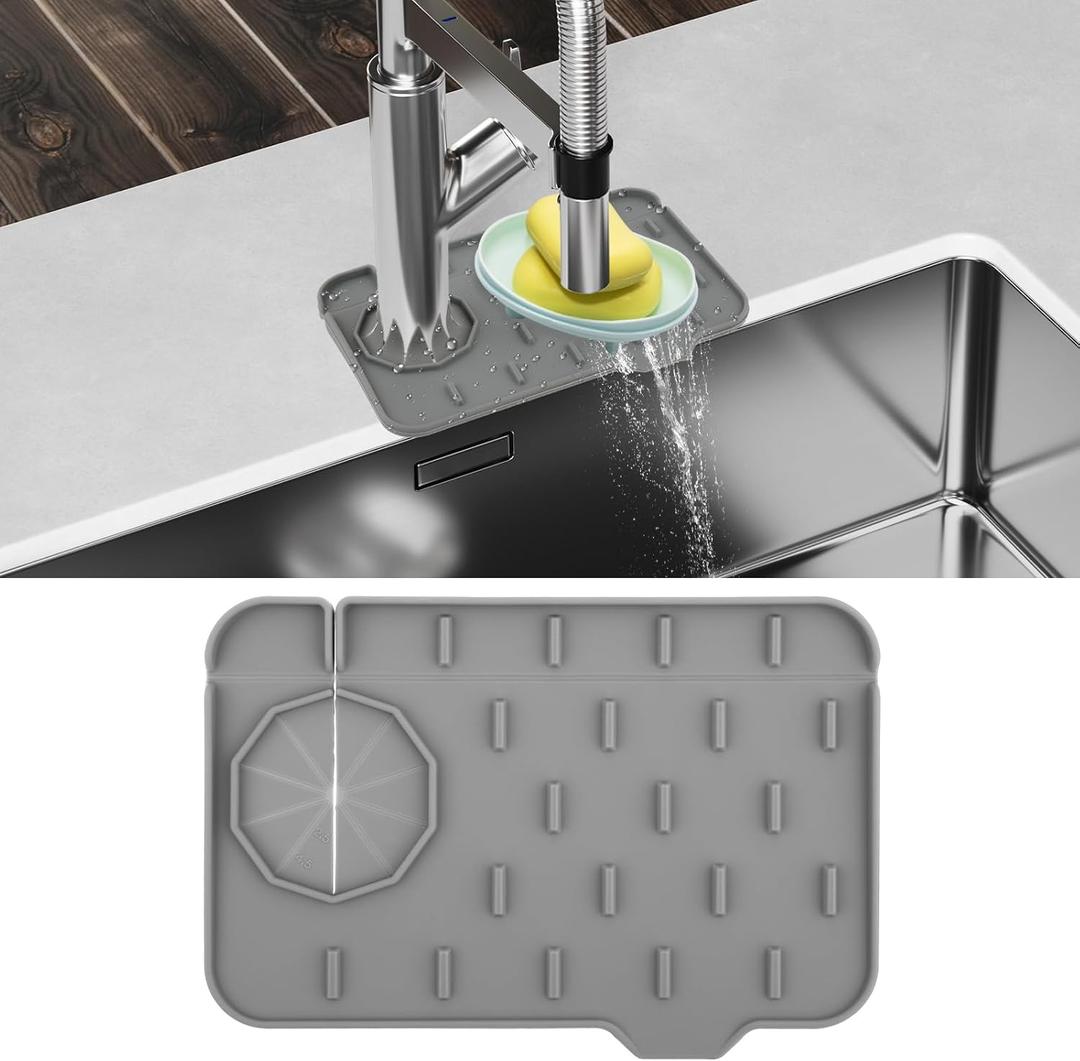 Dimeho Sink Faucet Splash Guard Mat Silicone Soap Dish Pad Faucet Handle Drip Catch Sponge Holder Sink Protector Trays for Bathroom Kitchen Countertop Gadgets Accessories (Gray)