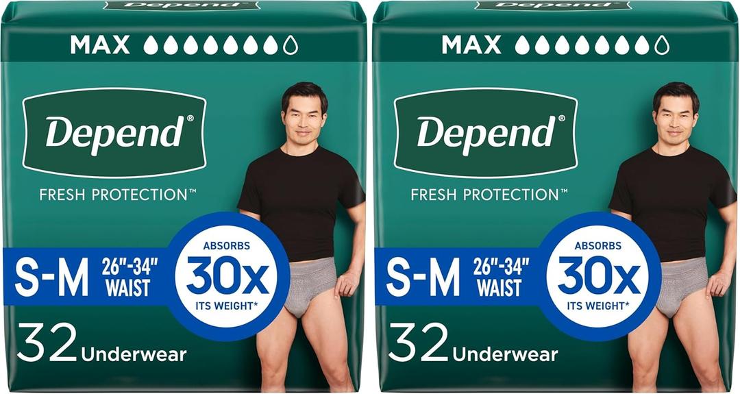 Depend Incontinence Underwear for Men, Small/Medium, 32 Count | Maximum Protection | Grey | Disposable | Pack of 2