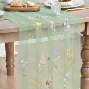 Artoid Mode Wildflower Floral Sage Green Gauze Embroidery Table Runner 120 Inch 10FT, Tulle Seasonal Spring Kitchen Dining Table Decor for Home Party (28" x 120")