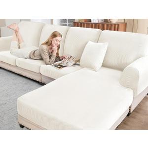 Sectional Couch Covers for Sofa Cushion L Shaped Couch Cover Washable Soft Couch Cushion Covers Stretch Sofa Slipcovers with 2 Pcs Pillowcases(4-Piece 3 Seater + 1 Chaise, White)