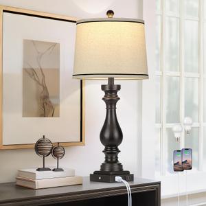 Cinkeda 27.5" Tall Table Lamp for Living Room,Farmhouse Vintage Bedside Nightstand Lamp with USB C+A Ports & AC Outlet,3-Way Dimmable Touch Control Retro Black Lamp for Bedroom,Single Black