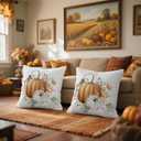 4 x Fall Pillow Covers 18x18 Set of 2, White Linen Orange Pumpkin Decorative Throw Pillow Cases, Double-Sided Print, Autumn Harvest Cushion Covers for Couch Sofa Bed