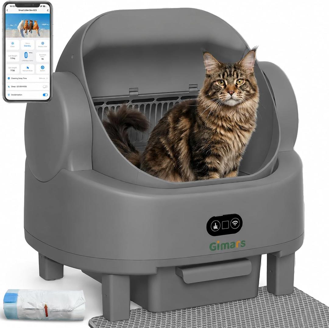 Gimars Open Top Design Self Cleaning Litter Box, Automatic Cat Litter Box for Multiple Cats & Senior Cats, App Control with Safety Sensors, Low Odor, Includes Trash Bags & Litter Mat