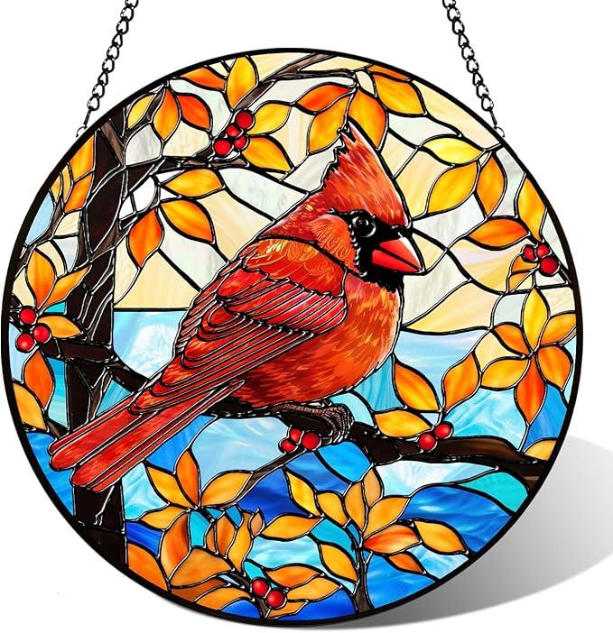Cardinal Gifts for Women - 8 Inch Cardinal Stained Glass Window Hanging, Unique Sun Catcher with Metal Chain and Hook, Suncatcher Window Wall Decor Suncatcher Gifts