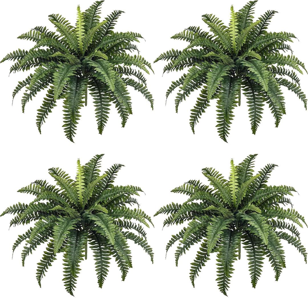 FOREST PRINCE 35" Fake Ferns, 4 Large Artificial Bonston Ferns Bushes Plants with 39 Fronds for Outdoors Garden Patio Porch Entrance Low Maintain Home Decor