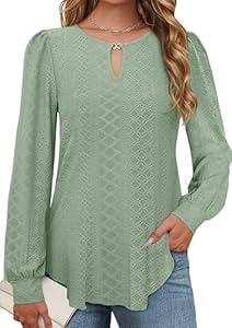 Womens Long Sleeve Eyelet Tops V Neck Fall Shirts Casual Loose Blouses (Medium, Sage)