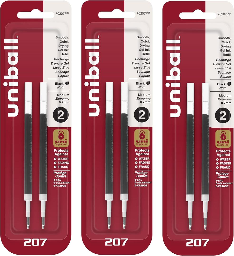 Uniball Signo 207 Gel Pen Refills, 0.7mm Medium Point, Black Ink, 6 Refills
