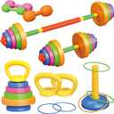 6-in-1 Kids Weight Set- Dumbbell, Barbell, Kettlebell, Ring. Adjustable Workout Equipment Toy for Children Pretend Kids Exercise Equipment, Toddler Weights Gym Workout Bench Set Gift for Baby Boy Girl