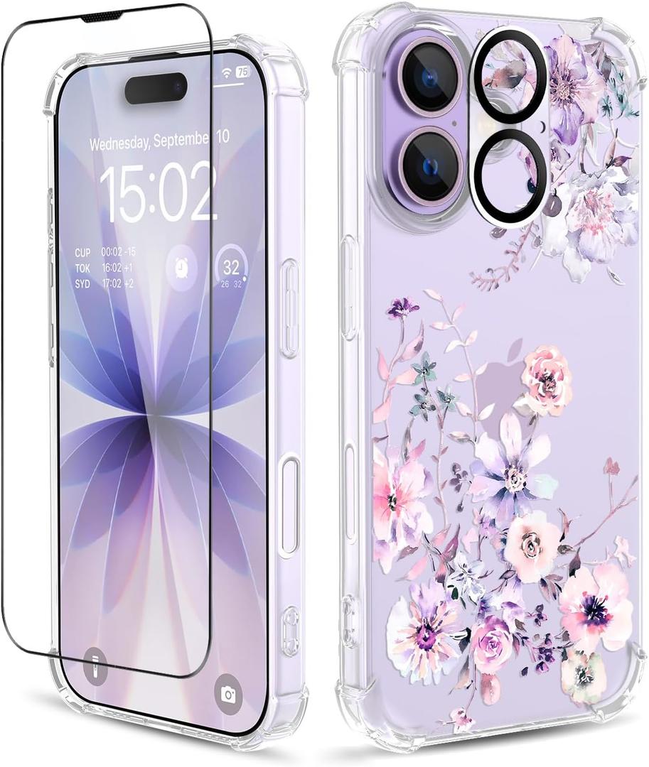 for iPhone 17 Case,[3 in 1] with Screen Protector & Camera Lens Protector, Flower Pattern Design,Clear Soft Shockproof Slim Floral Phone Cover for Women Girls 2025 6.3"(Ink Purple)