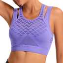 RUNNING GIRL Sports Bras for Women High Support,Seamless Ribbed Longline High Neck Sports Bra Racerback Padded Crop Top Yoga (Purple, L)