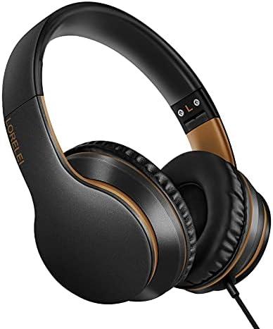 LORELEI X6 Over-Ear Headphones With Microphone, Lightweight Foldable & Portable Stereo Bass With 1.45M No-Tangle Wired for Smartphone Tablet MP3/4 (Black-Gold)