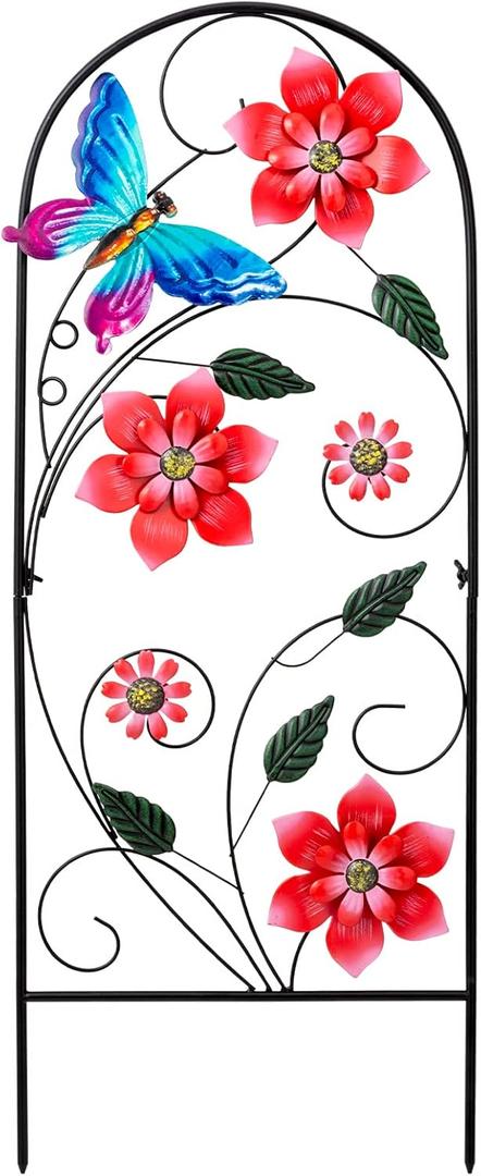 YEAHOME 33 Inch Decorative Garden Stakes, Outdoor Garden Decor Metal Flower Butterflies Spring Gardening Decor Art Yard Signs, Outdoor Decorations for Patio Outside Yard Lawn (Red)