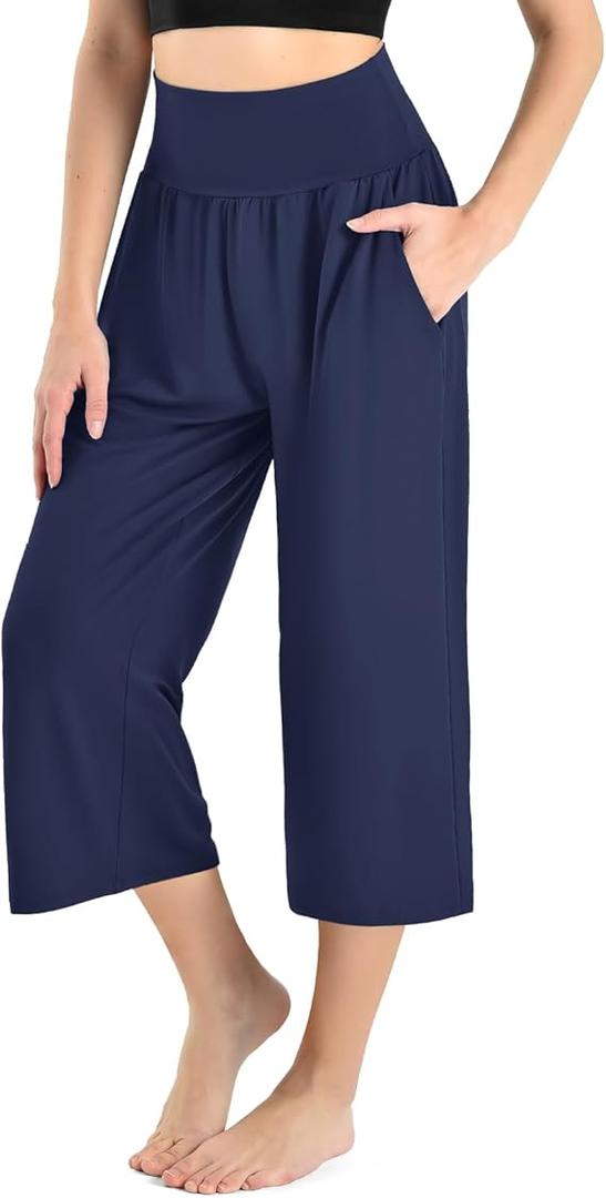 Ipletix Capri Pants for Women High Waisted Casual Wide Leg Yoga Pants with Pockets for Travel Gym Exercise, Fit Type: 23" Inseam, Large