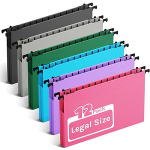 Ansook Plastic Legal Size Hanging File Folders,12 Pack Extra Capacity File Folders Hanging with Tabs,Heavy Duty 1" Expandable Legal Filing Cabinet Folders,File Frame Hanging File Organizer (1" Expansion-assorted Color)