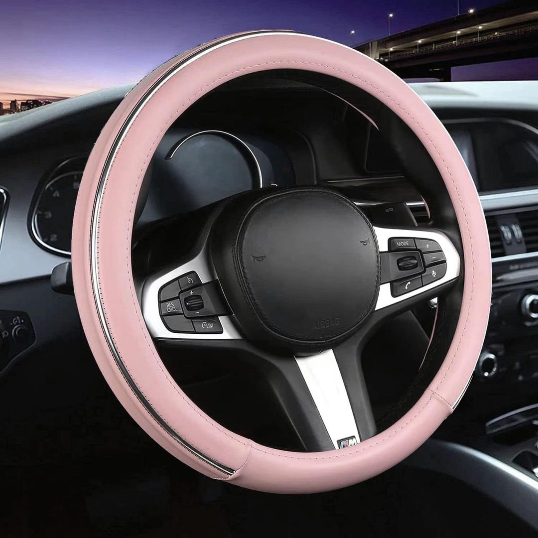 Car Steering Wheel Cover, Microfiber Leather Wheel Cover Breathable, Universal 15 inch, Anti-Slip, Warm in Winter and Cool in Summer (Pink)