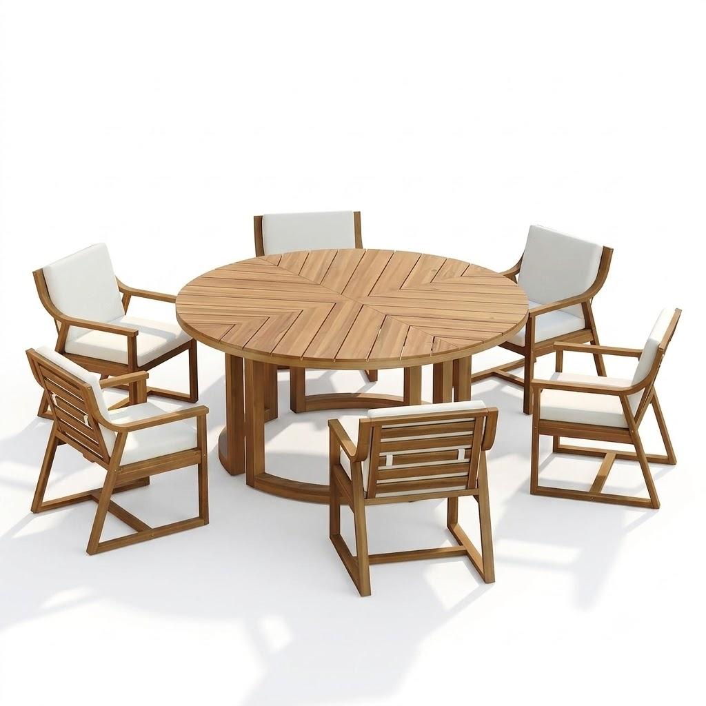 Merax 7 Pieces Outdoor Dining Set for 6 People, Acacia Wood Patio Furniture Sets with Round Table and Six Cushioned Chairs for Backyard, Garden, Lawn, Poolside, Tabletop with Umbrella Hole, Light Teak
