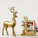 2PCS Gold Deer Statues Christmas Decor  Resin Standing & Sitting Reindeer Figurines, Holiday Tabletop Ornaments for Home Living Room, Fireplace, Shelf, or Xmas Gift Decoration (Gold)