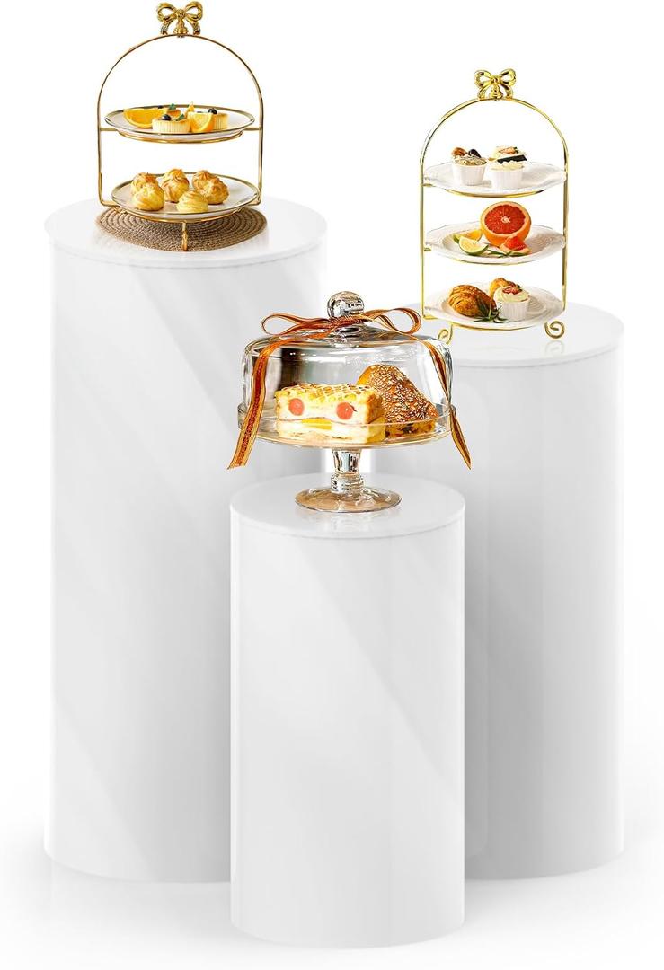 White Cylinder Pedestal Stands for Party- 3 Pieces , Large White Cake Pedestal Stand, Pedestal Display Plinth Pillars for Wedding Ceremony Birthday Party Art Decor--35.4''(L),29.5''(M),23.6''(S)