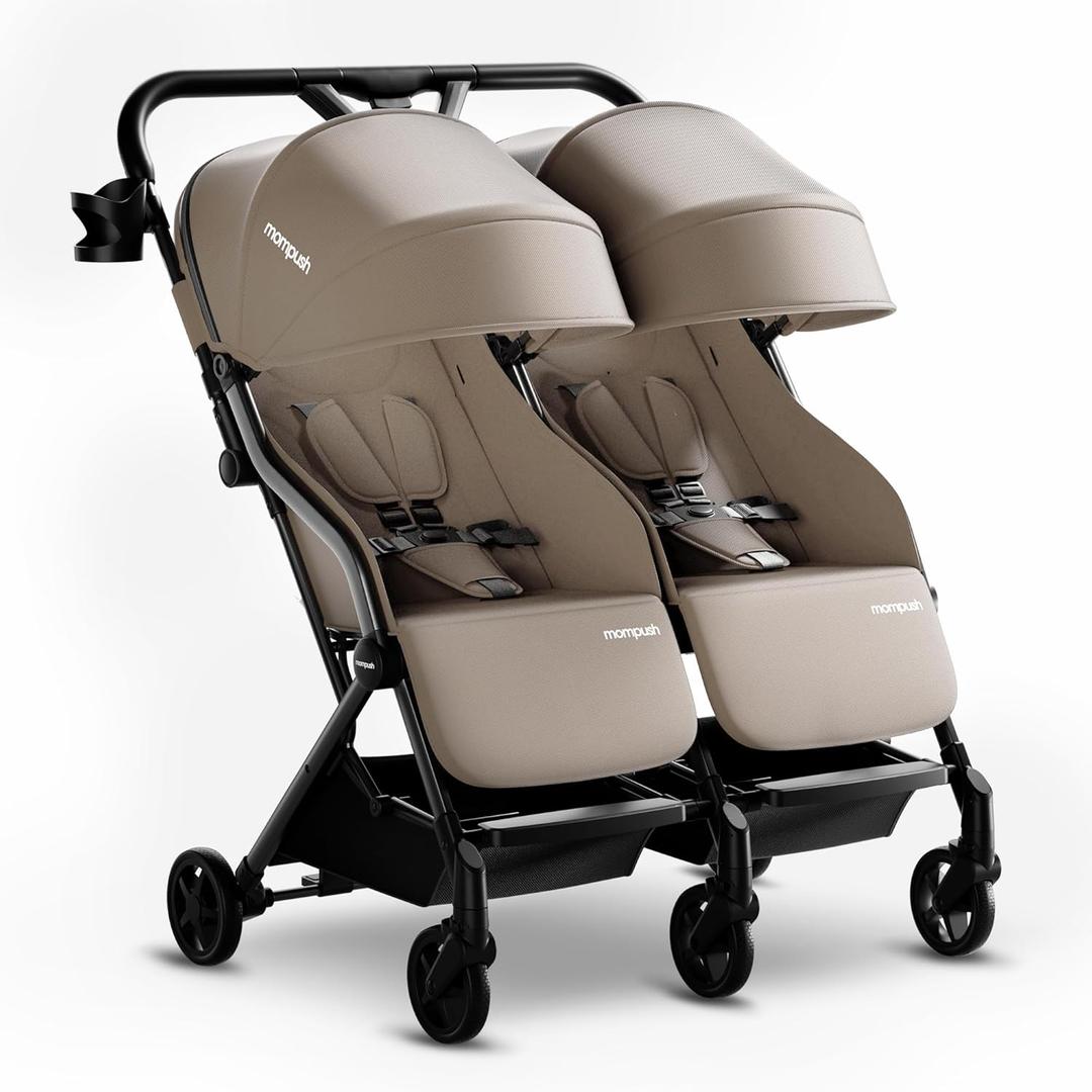 Mompush Lithe Double Stroller for Infant and Toddler, Lightweight Side by Side Twin Stroller, Only 25 lbs, 30-Inch Slim Fit Through Doorways, One-Step Fold, Independent Recline, UPF 50+ Canopy