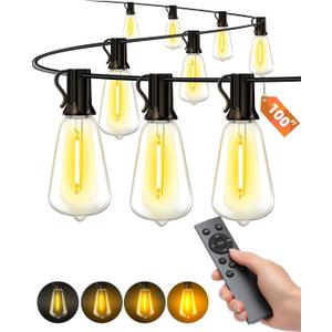 Outdoor Patio String Lights: 100Ft 30M Outside Waterproof Light - Remote Dimmable ST38 Shatterproof Bulb Connectable Hanging Outdoor Electric Lighting - Backyard Yard Gazebo Porch Party