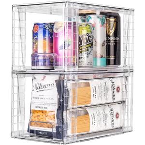 2Pack Large Stackable Kitchen Storage Drawers, Clear Foods Organizer Bins with Handles, Easily Assemble for Bathroom, Kitchen, Pantry, Cabinet, Closet(XL-Down Handle)