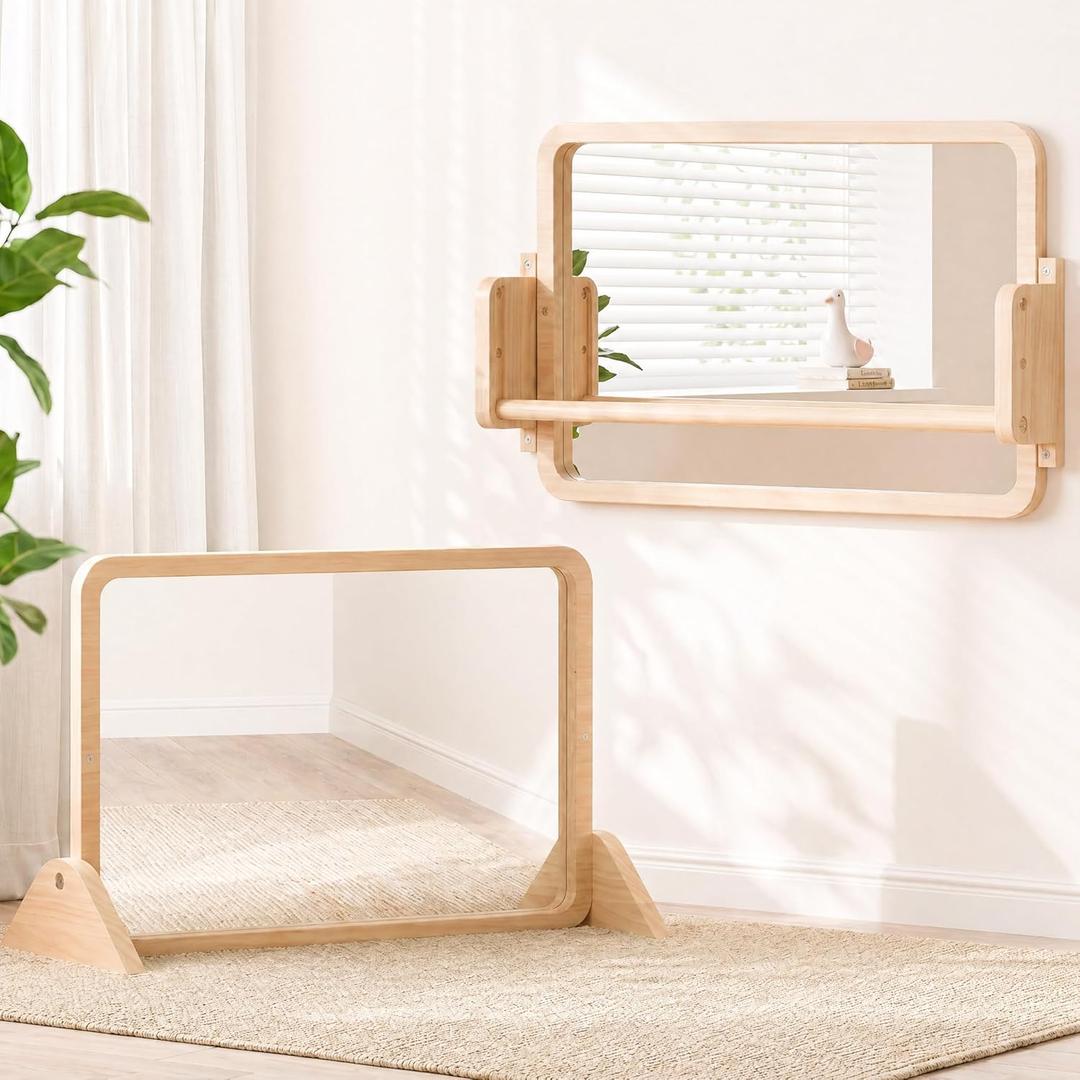Woodtoe 3-in-1 Montessori Mirror with Bar, Adjustable Toddler Mirror & Pull Up Bar, Montessori Learning Toy for Baby 6-18 Months, Nursery Mirrors, Natural Wood Furniture for Daycare, Kids Classroom