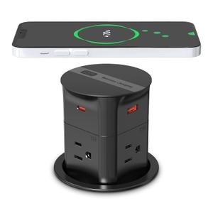 ANNQUAN 3.15" Pop Up Outlet with 15W Wireless Charger,Max 20W Power Delivery,800J Surge Protection,4 Tamper Resistant Outlets,4 USB Ports ETL Listed (6ft Cord, Black)
