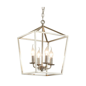 4-Light Brushed Nickel Farmhouse Chandelier, 12" Industrial Ceiling Light Lantern Pendant Light with Metal Cage Adjustable Height Rustic Hanging Light E12 Base for Kitchen Island Dining Room Entryway