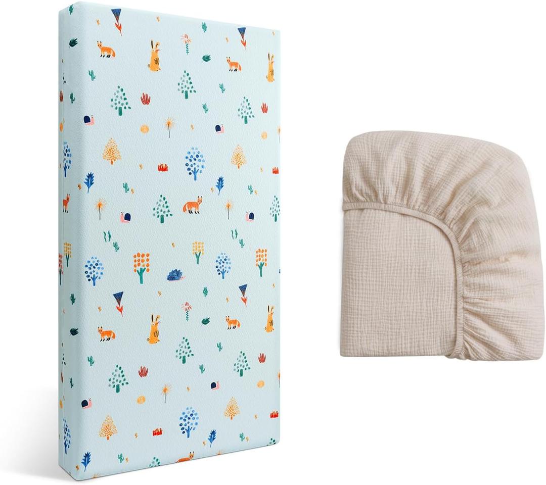 Crib Mattress & Toddler Mattress, 2-Stage Dual Firmness with High Density Foam and Memory Foam with Ultra-Soft Jacquard Cover, Muslin Beige Sheets for Replacement