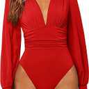 GORGLITTER Women's Sexy Ruched Deep V Neck Long Sleeve Bodysuit Plunging Neckline Leotard Shirts (Red S)