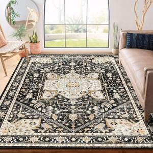 MUJOO Black Rug 6x9,Washable Rugs for Living Room Bedroom,Large Boho Area Rug,Non Slip Carpet Indoor,Vintage Soft Black and Gold Floral Rug (6' x 9' (Rectangular), Black and Beige)