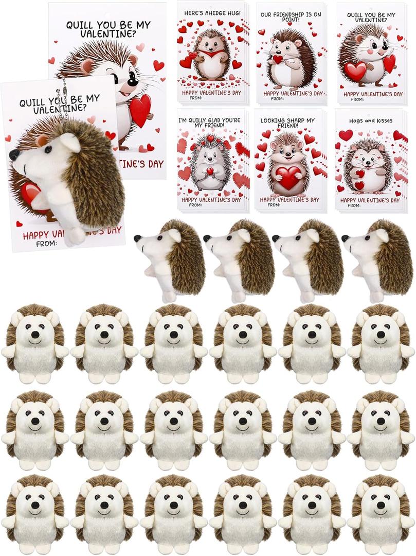 Blueweenly 24 Sets Valentines Day Gifts Mini Hedgehog Stuffs Bulk with Hedgehog Themed Cards Animal Plush Stuffed Keychain Friends Exchange Prizes Valentine Party Favors